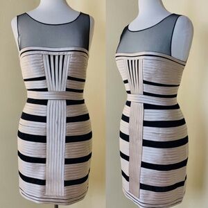 BCBG Max Azria Mesh Illusion Satin Champagne Mini Dress Size 10